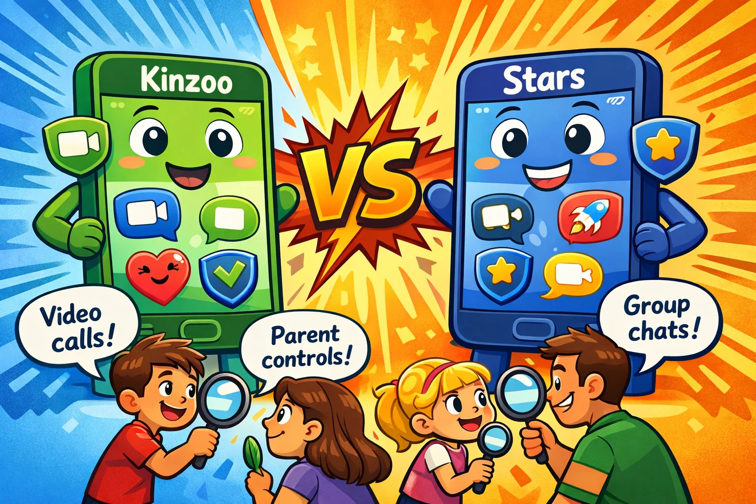 Kinzoo vs Stars feature comparison showing parental controls and messaging tools.
