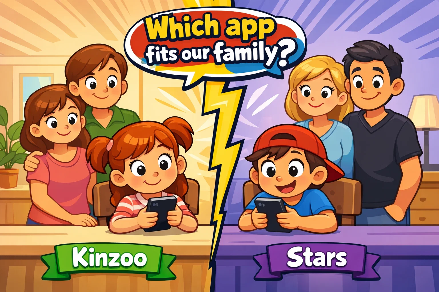 Kinzoo vs Stars messaging apps comparison with kids and parents choosing safe app.