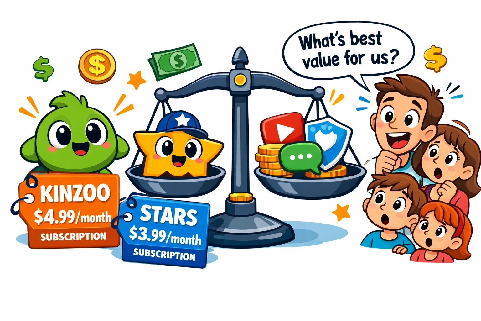 Kinzoo vs Stars pricing comparison with subscription plans and family value.
