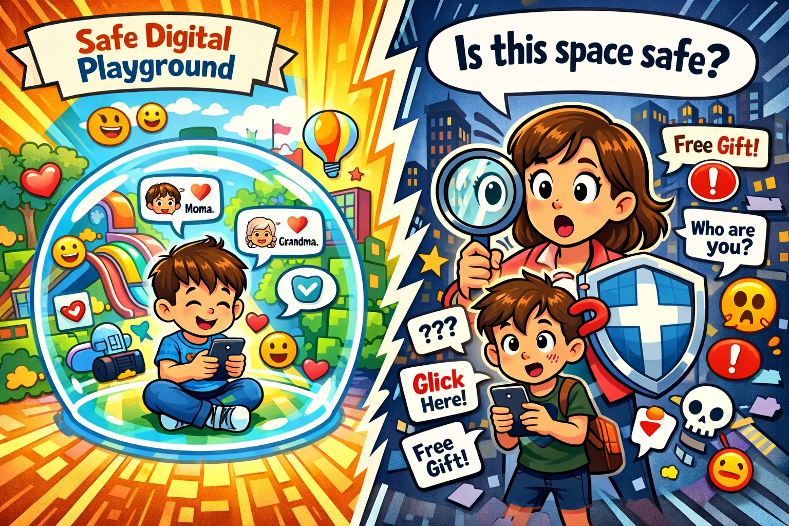Kinzoo vs WhatsApp safety comparison for children in digital messaging environments.
