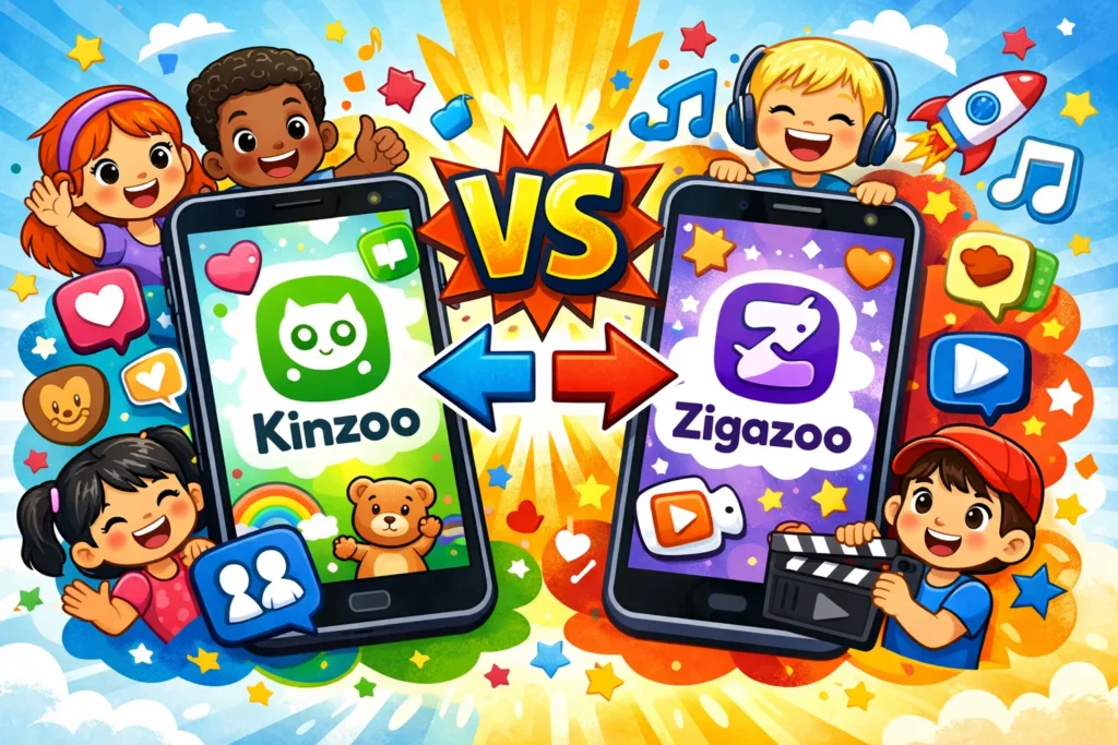 Kinzoo vs Zigazoo comparison with kids interacting with family-friendly social media apps.