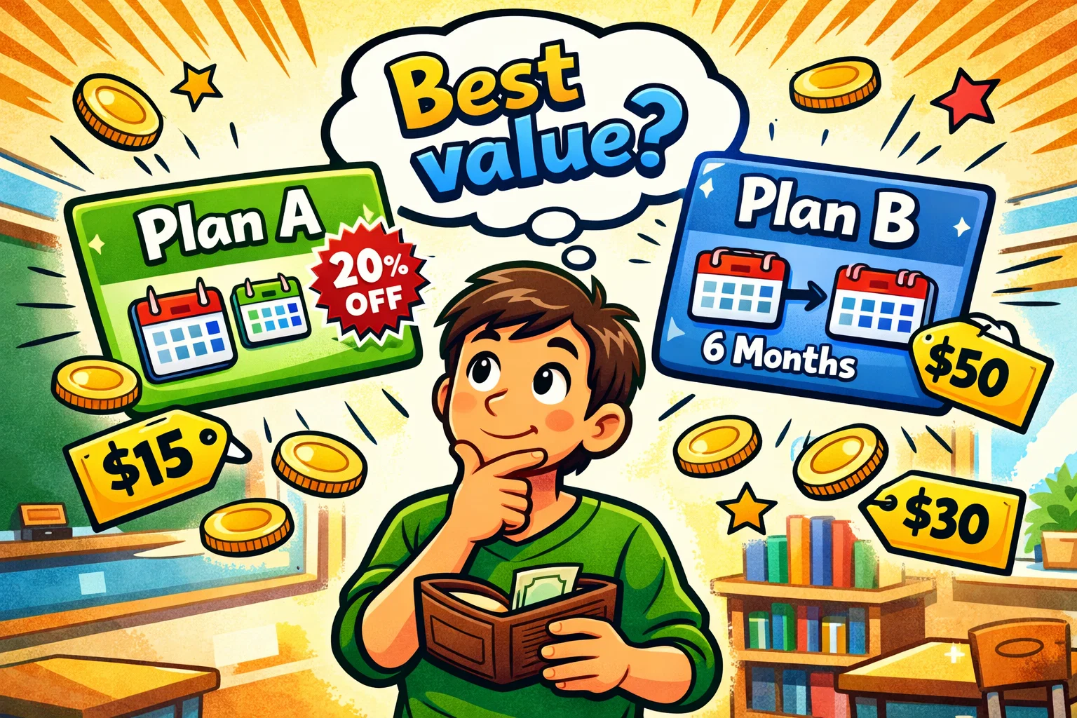 Learning app pricing comparison plans showing subscription options for families.
