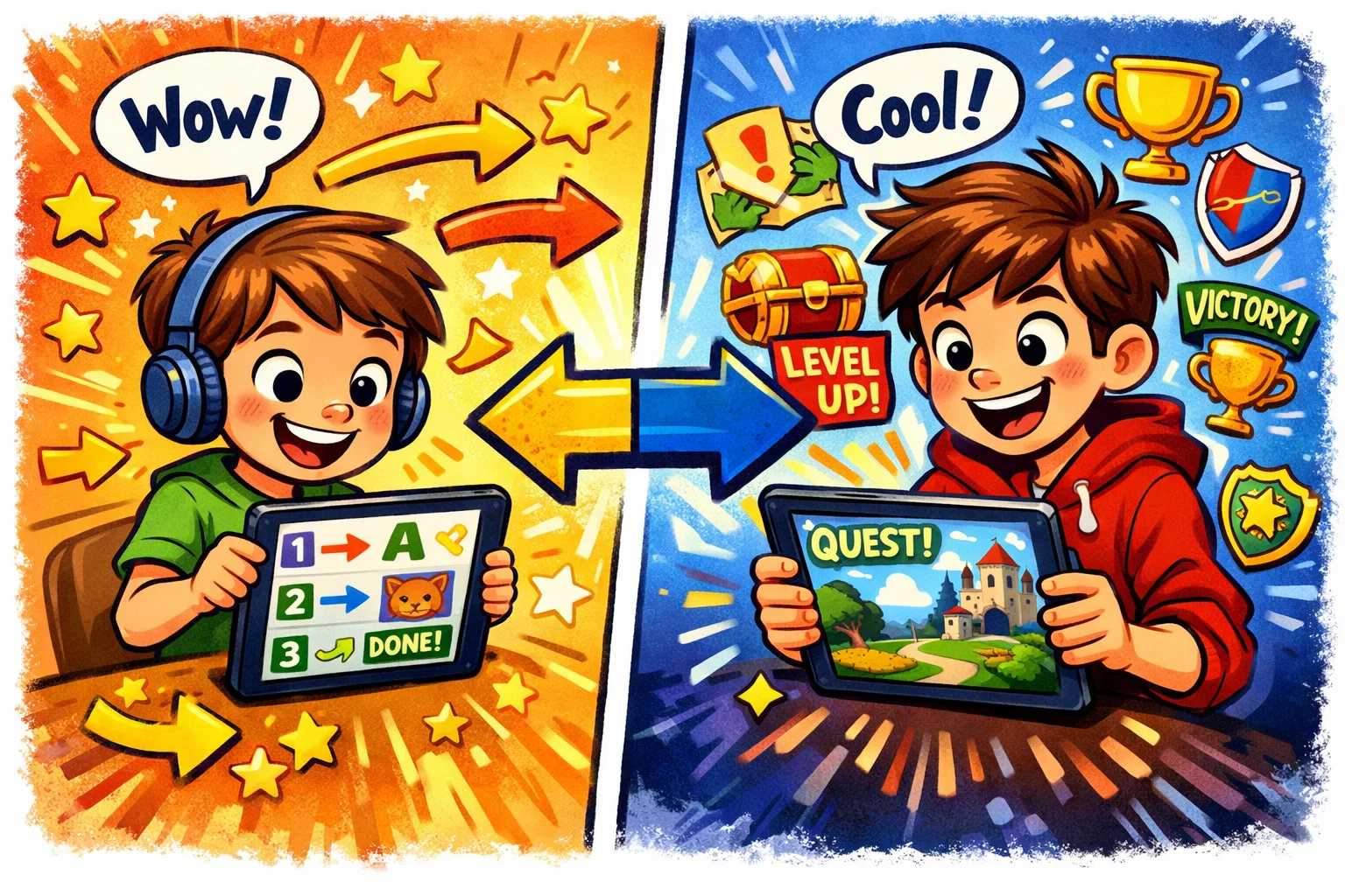 Learning app user experience comparison showing guided and game style navigation.