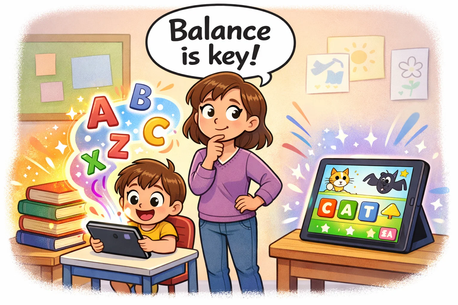 Learning apps early literacy 2026 balance between books and tablet.