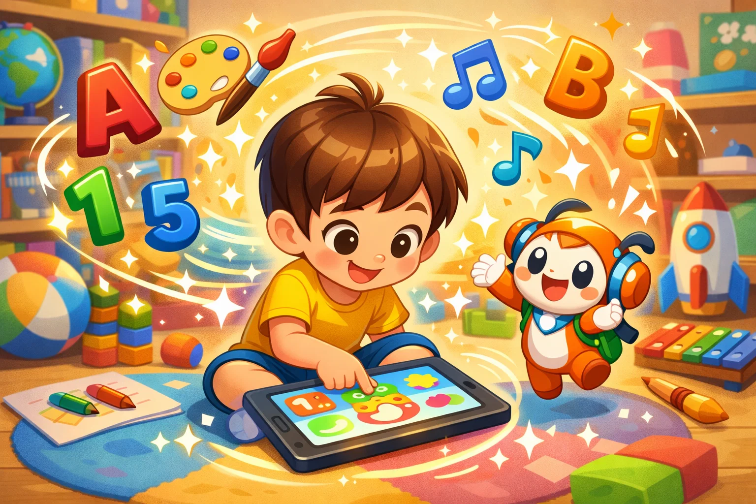 Child using app learning through unstructured play with interactive educational elements.
