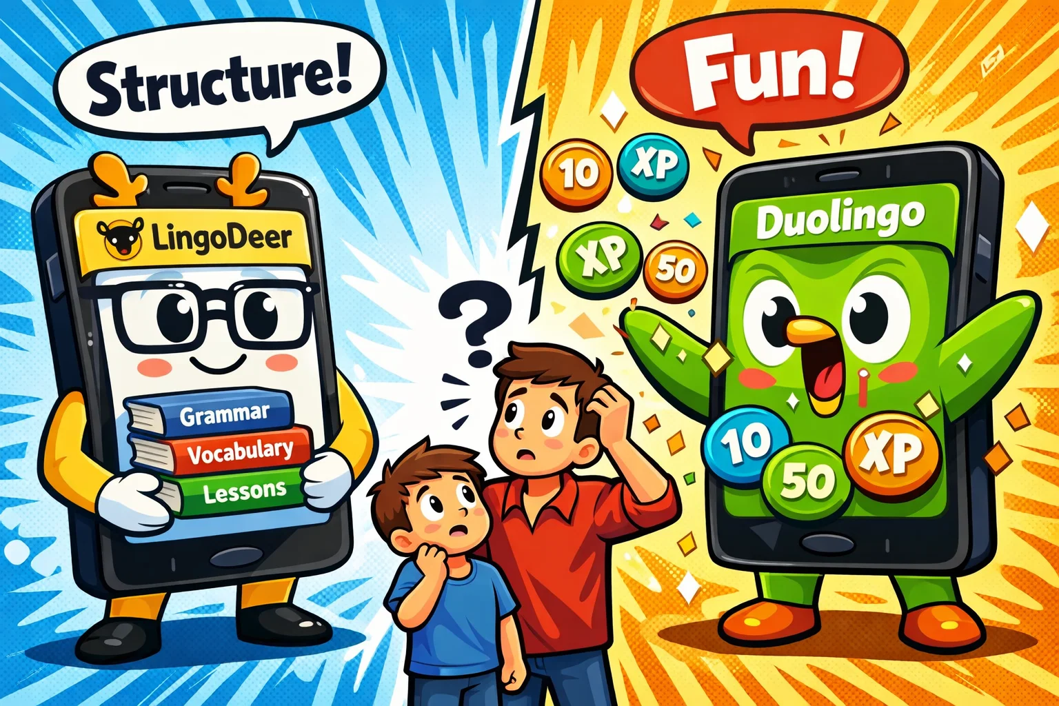 LingoDeer vs Duolingo app comparison cartoon showing structured and gamified learning styles.