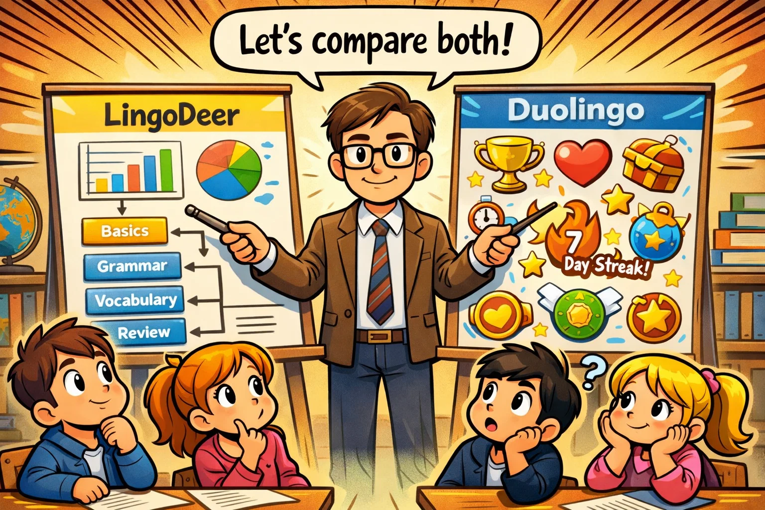 LingoDeer vs Duolingo overview classroom scene comparing lesson structure and game elements.
