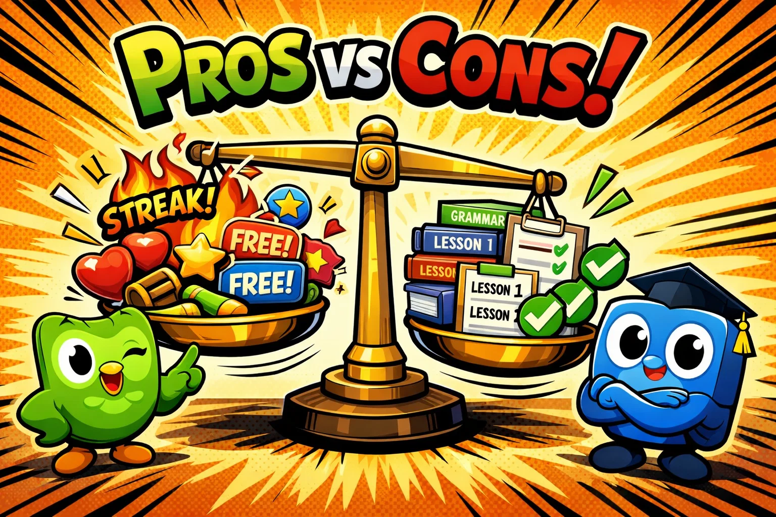  LingoDeer vs Duolingo pros and cons balance comparing structured and gamified features.
