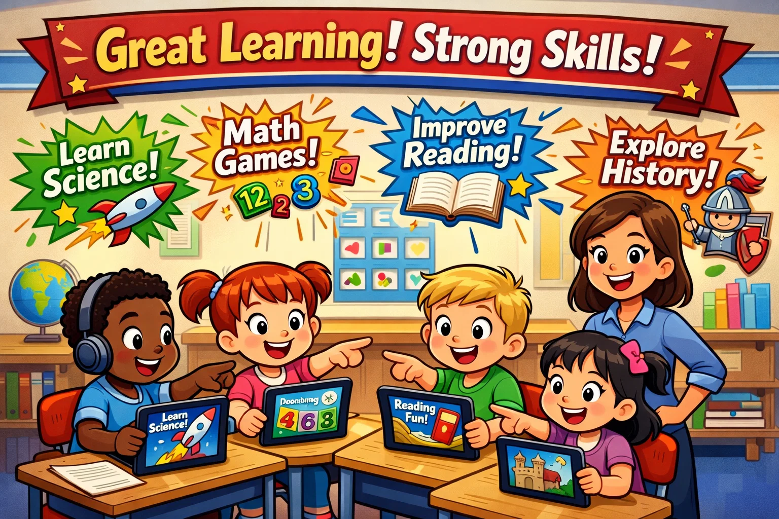 Fun cartoon of children learning with Lingokids, showcasing the app’s educational value and benefits.