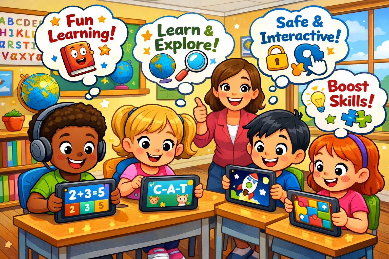  Cartoon of children engaged in Lingokids activities, highlighting the fun and educational benefits.

