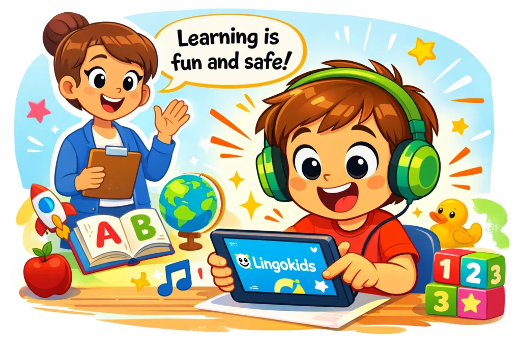 Playful cartoon of children using Lingokids in a safe, fun, and educational setting.