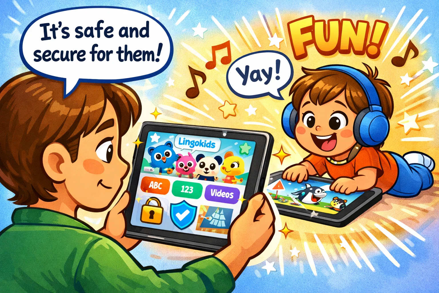 Cartoon of a parent trusting the Lingokids app for safe learning with their child.
