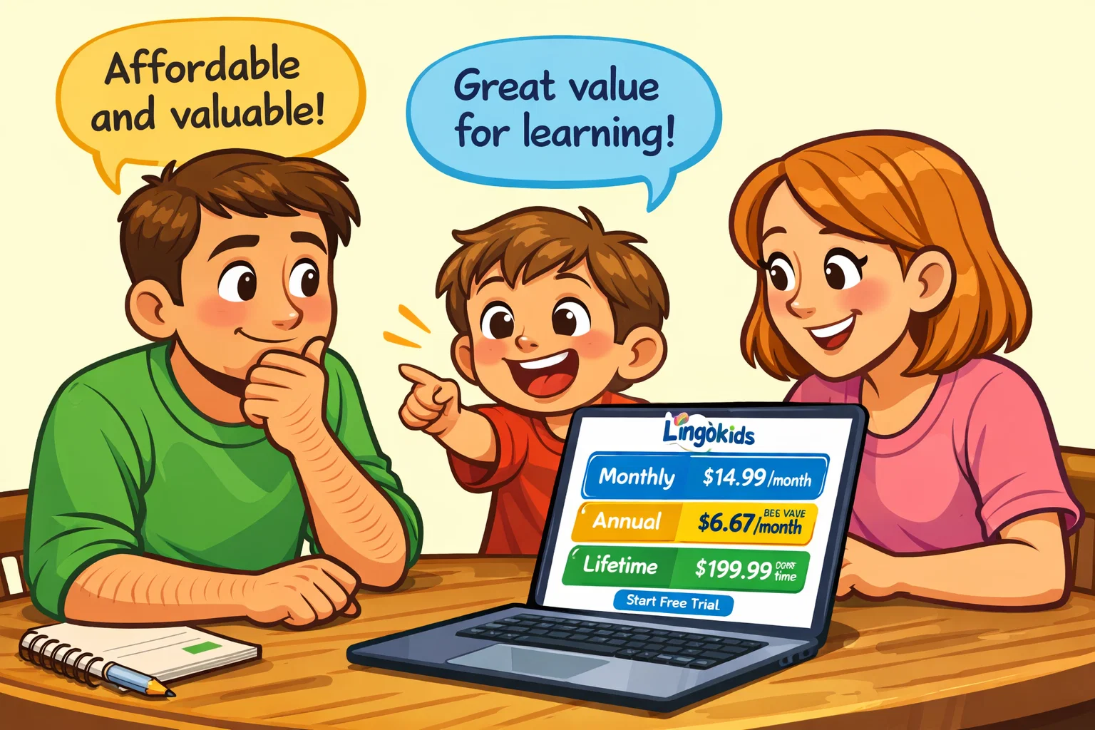 Cartoon of a family reviewing Lingokids subscription plans, considering the value for money in education.