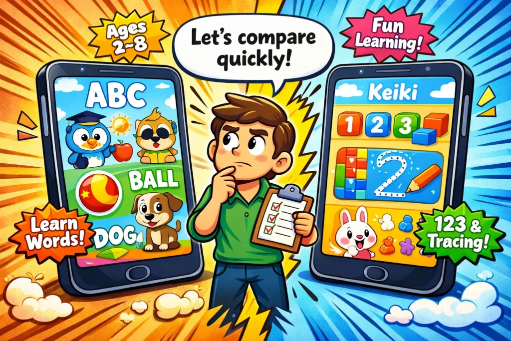  Lingokids vs Keiki quick comparison on two smartphones.
