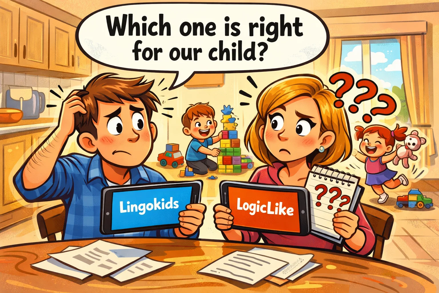 Lingokids vs LogicLike family decision as parents compare two learning apps.
