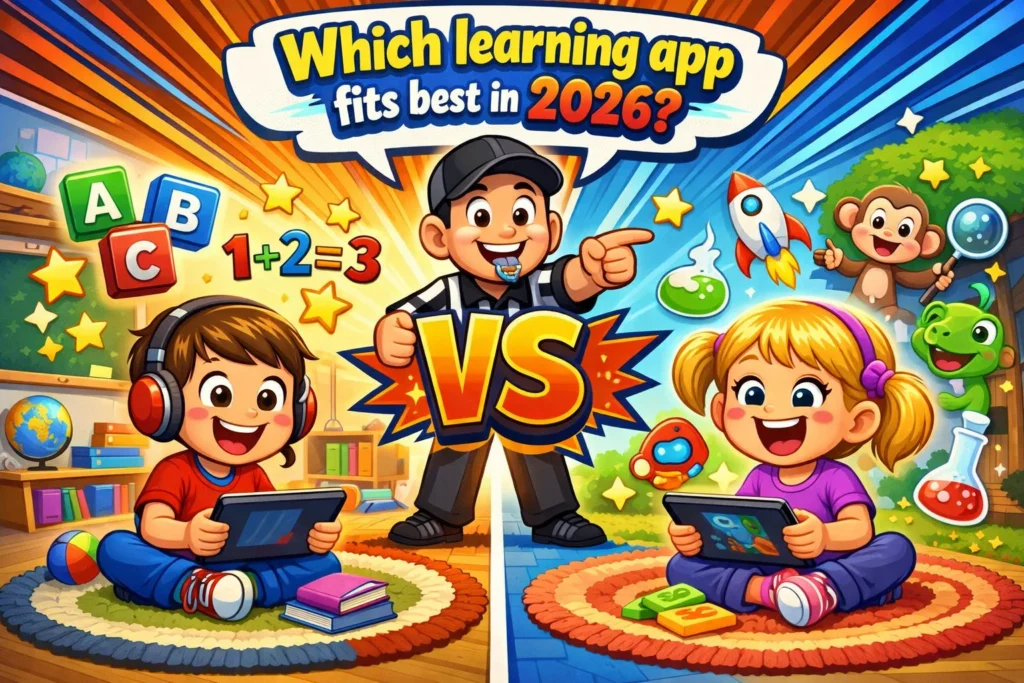 Lingokids vs PBS Kids app comparison 2026 with structured lessons and playful games.