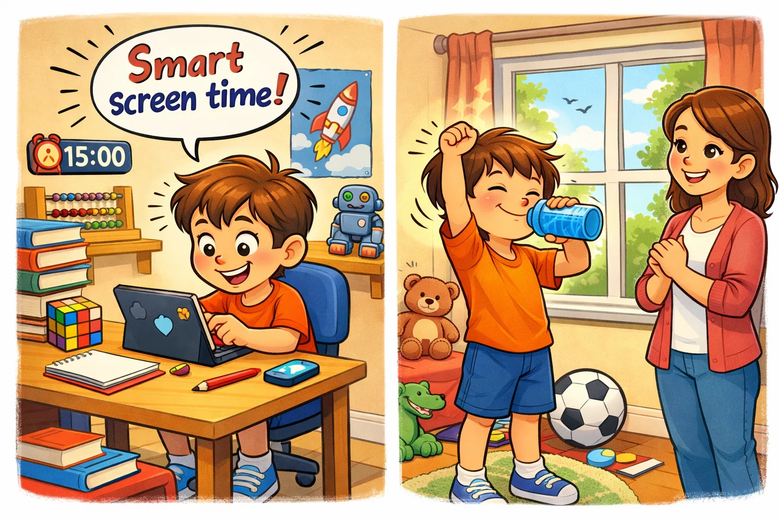 LogicLike healthy screen use with kids taking learning breaks and using app safely.
