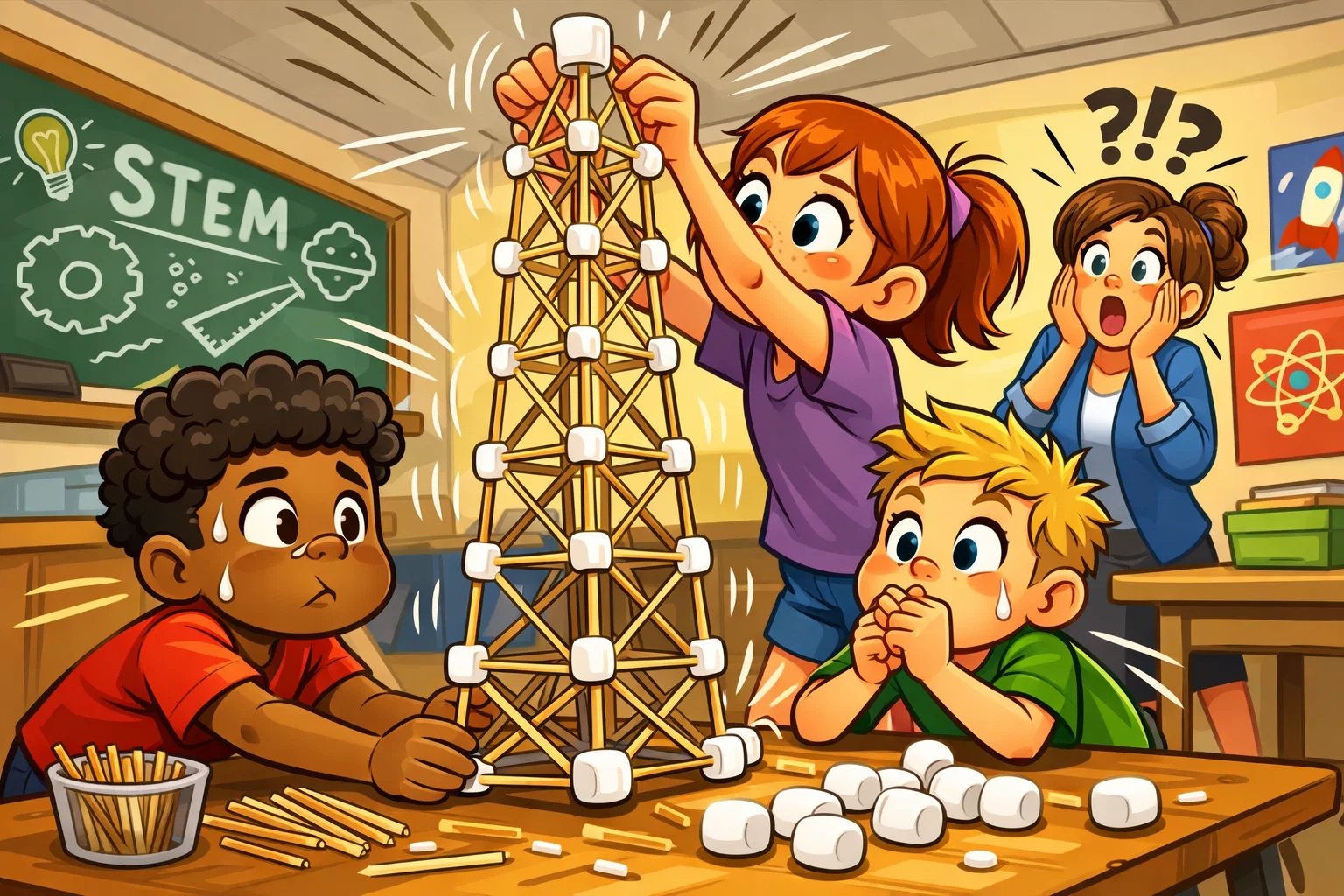 Marshmallow toothpick engineering tower build step with kids.