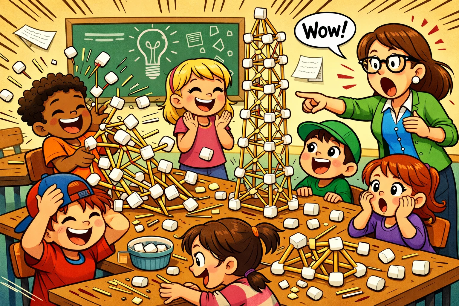 Marshmallow toothpick tower challenge with kids testing tower stability.