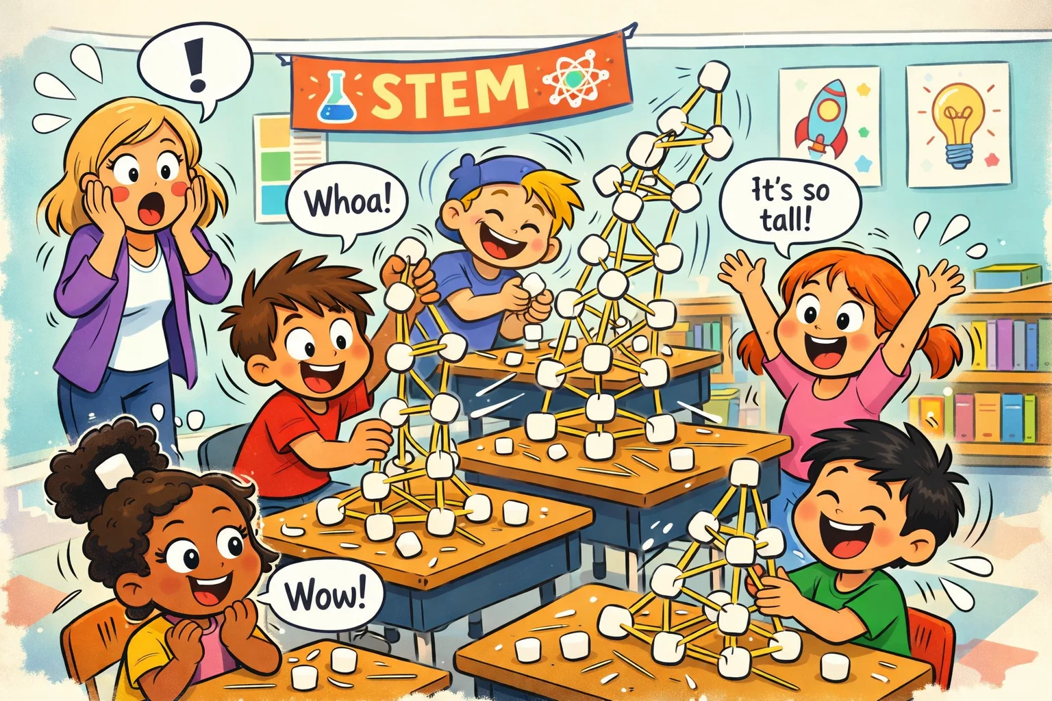 Kids building marshmallow toothpick tower challenge during STEM activity.
