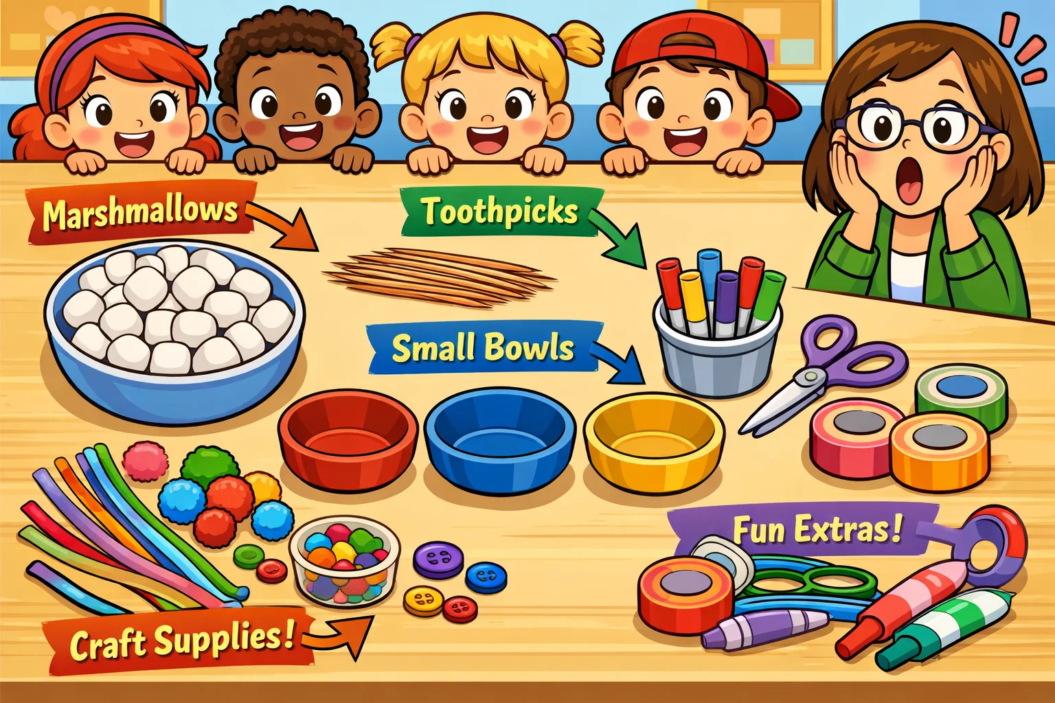 Marshmallow toothpick tower materials arranged for kids activity.