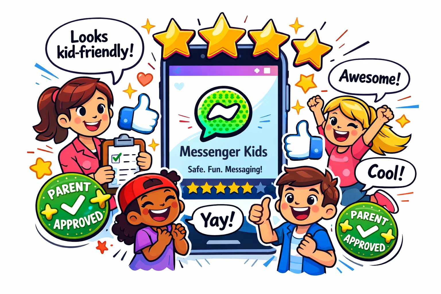 Messenger Kids app ratings with stars, parent approval, and kid friendly features.
