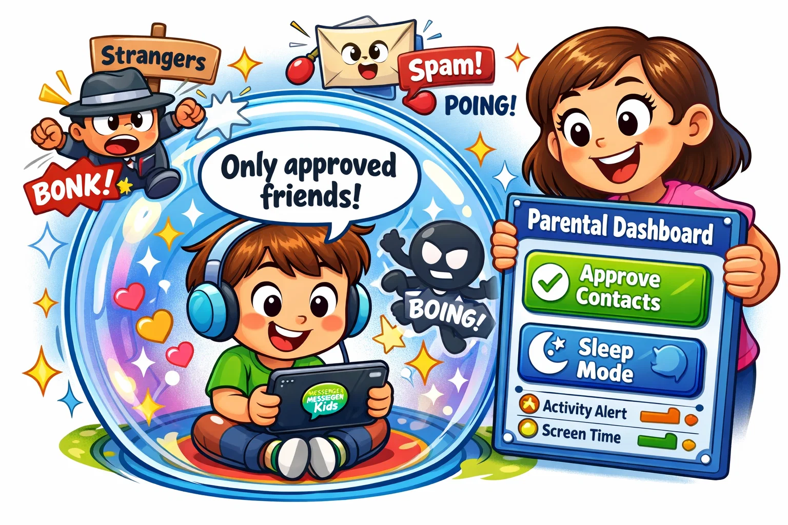 Messenger Kids safety features with parental dashboard protecting child chats.

