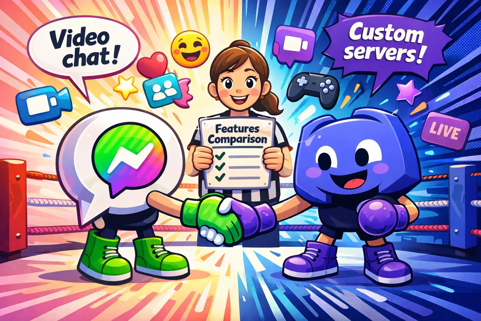Messenger Kids vs Discord feature comparison with chat and video options.
