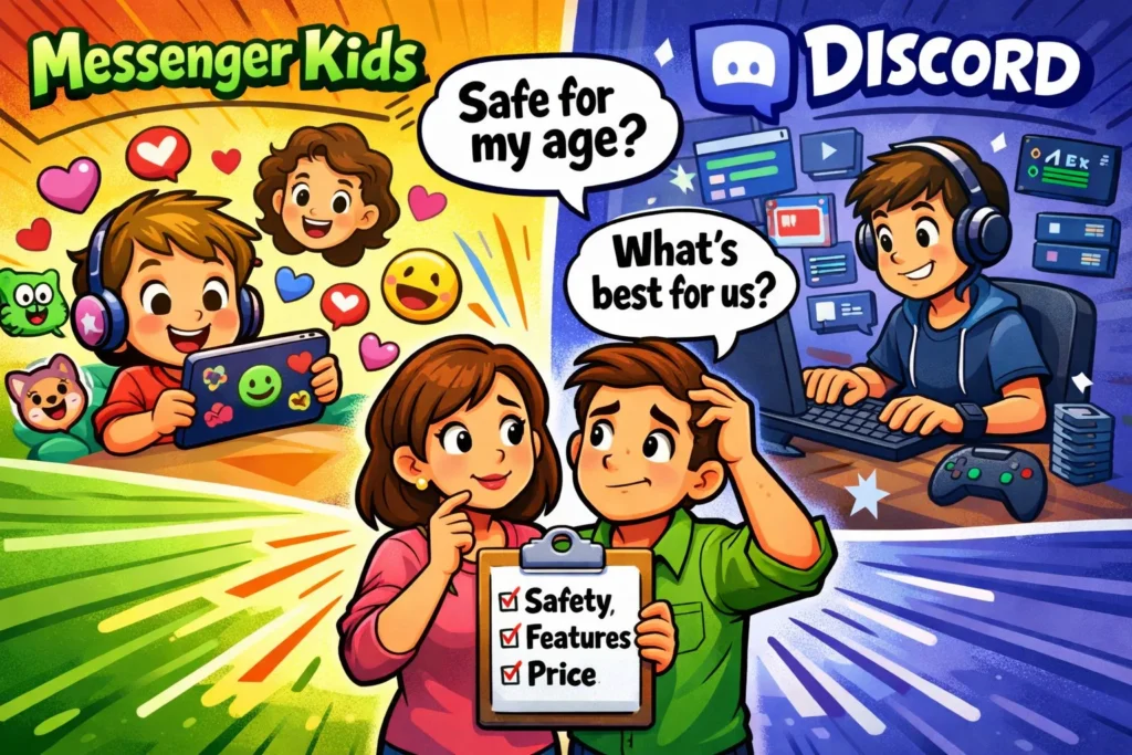 Parents comparing Messenger Kids vs Discord safety and features for kids.