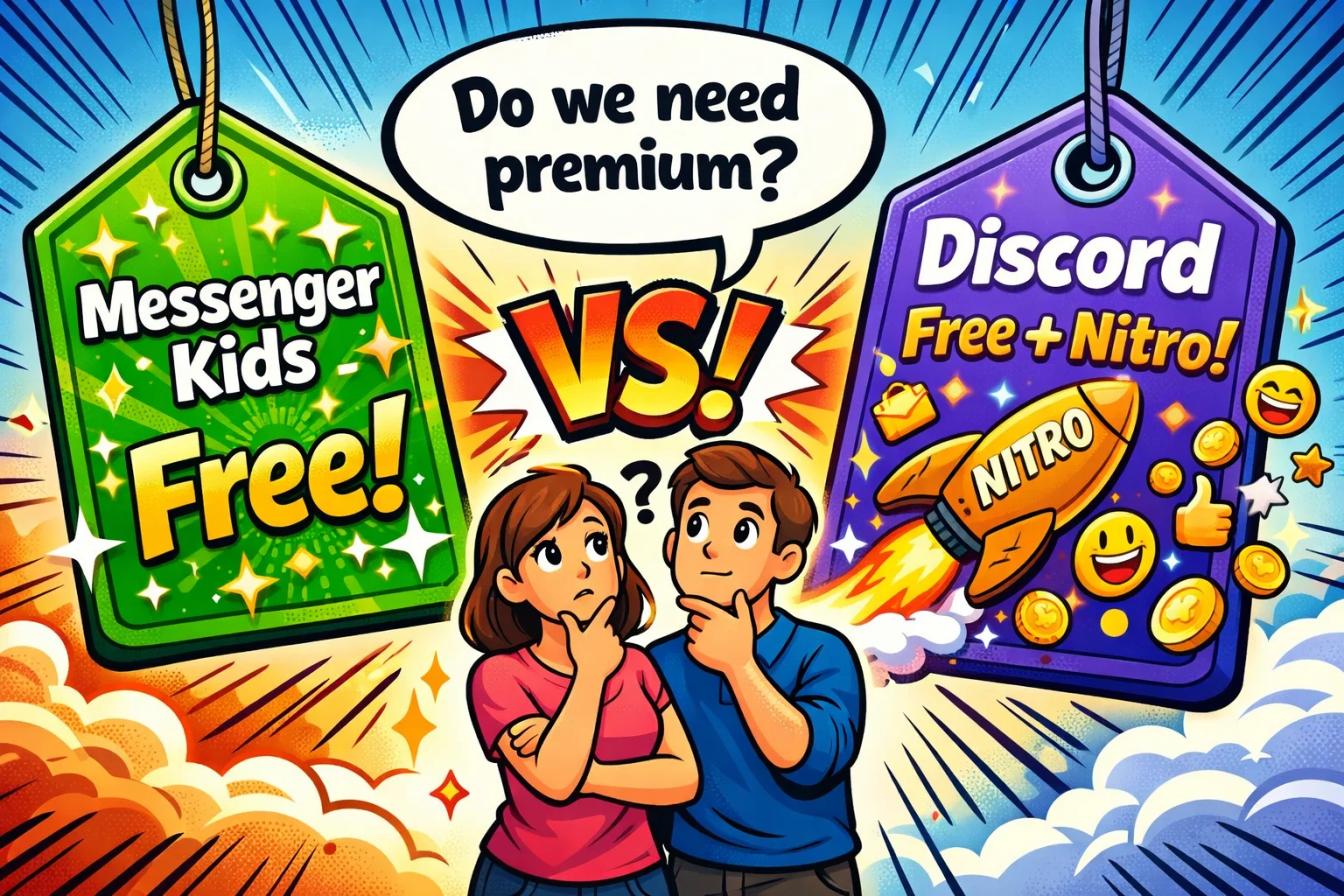  Messenger Kids vs Discord pricing comparison showing free and Nitro plans.
