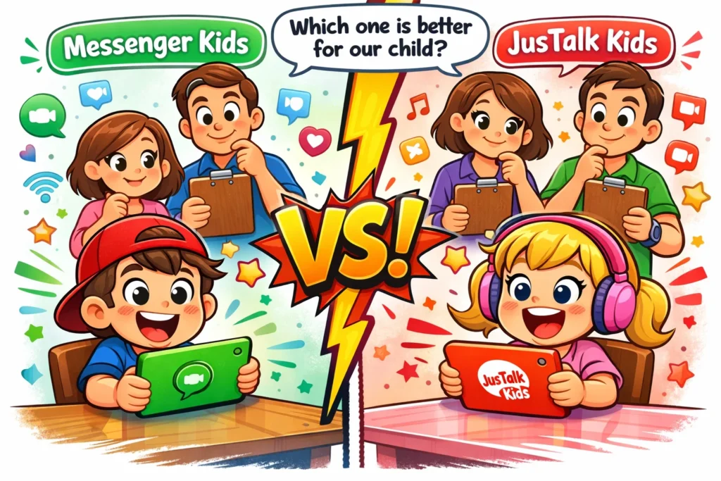 Messenger Kids vs JusTalk Kids comparison for parents reviewing safe kids messaging apps.
