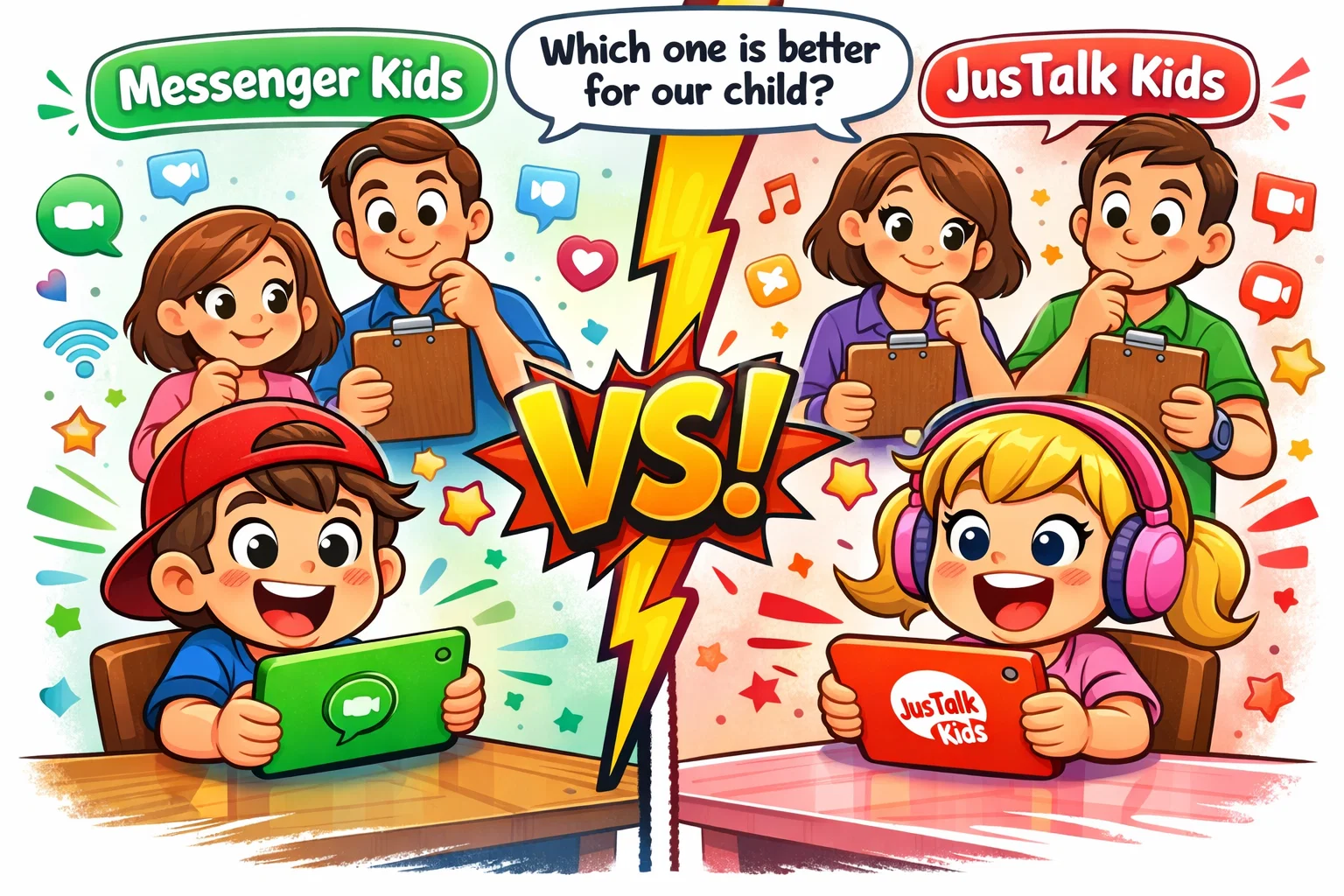 Messenger Kids vs JusTalk Kids comparison for parents reviewing safe kids messaging apps.
