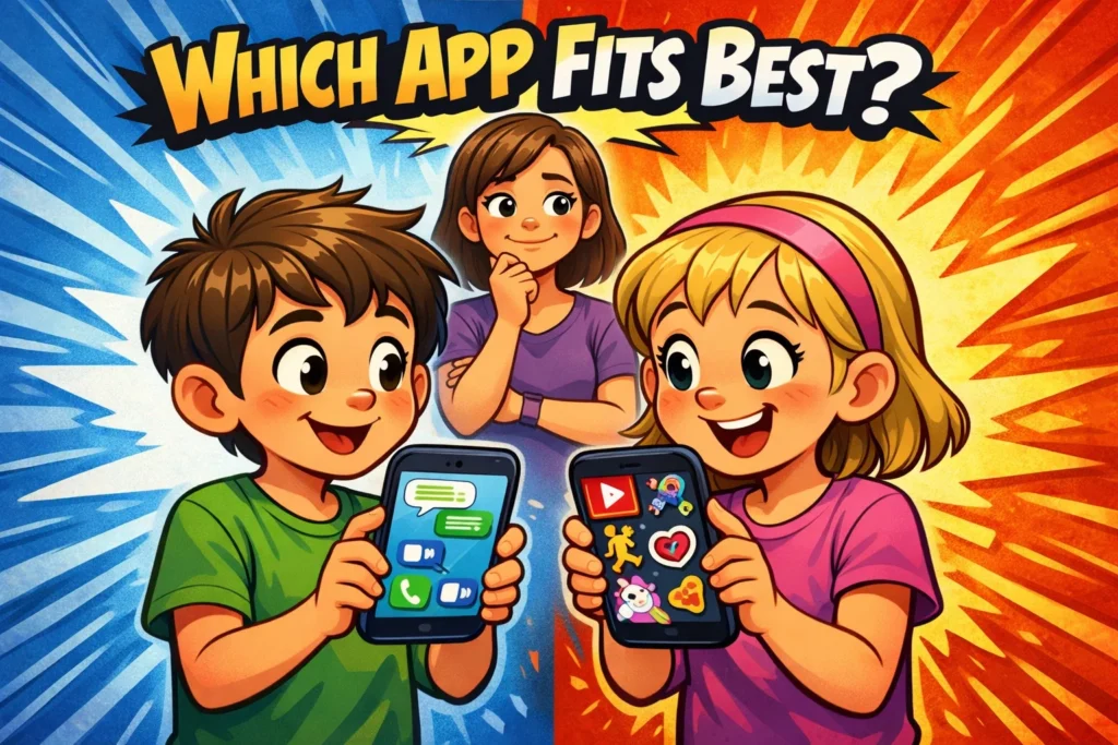 Messenger Kids vs Zigazoo app comparison for kids showing chat and video features in 2026.
