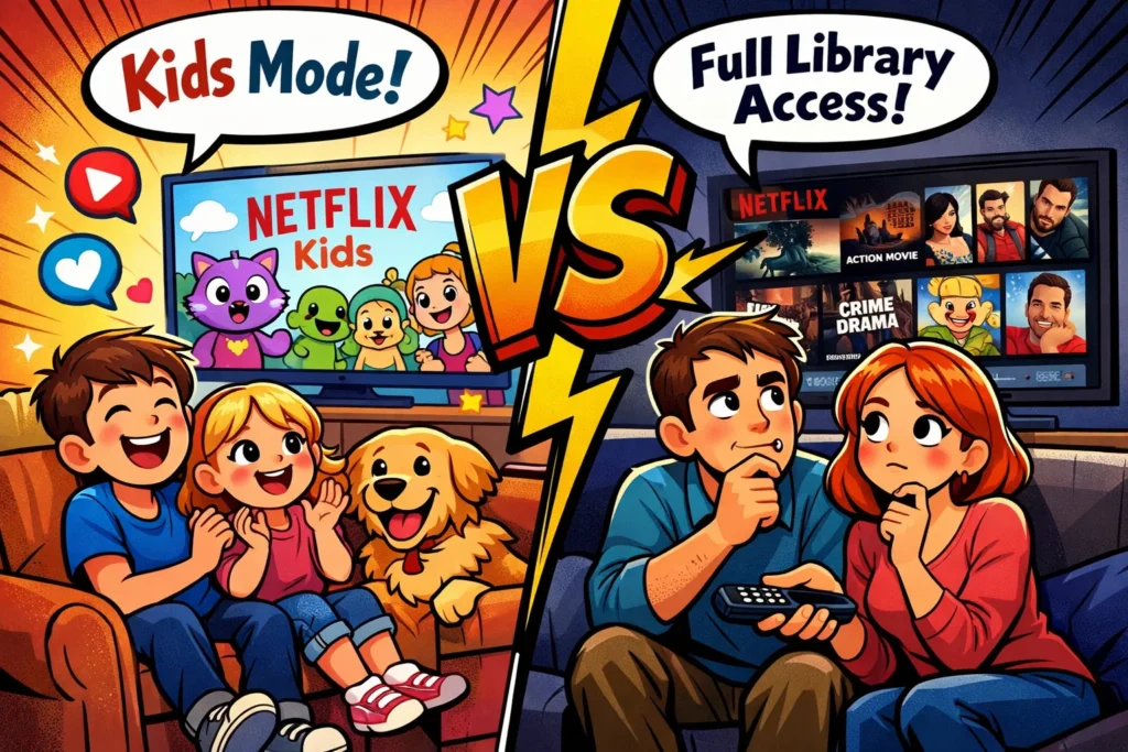 Netflix Kids vs Netflix family comparison showing kids mode and full library access on TV screens.