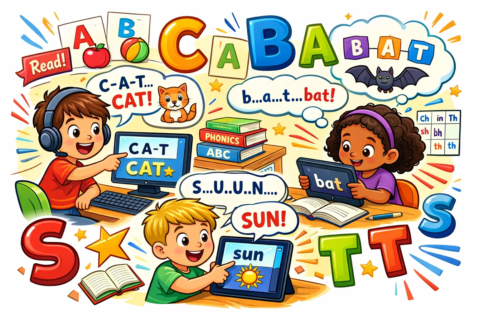  Online synthetic phonics program for kids with children learning sounds and words.
