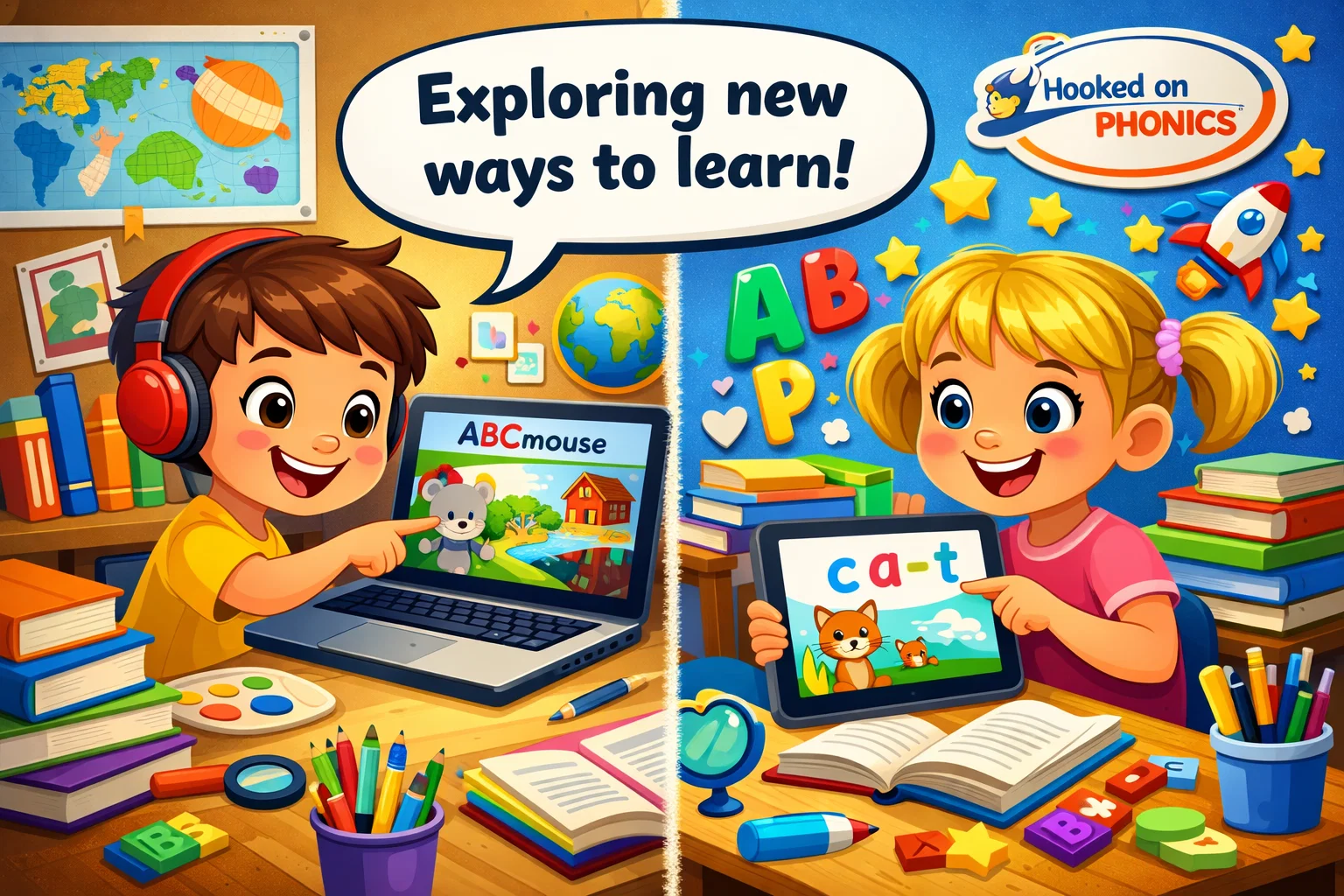  Overview of ABCmouse and Hooked on Phonics with children learning in the classroom.