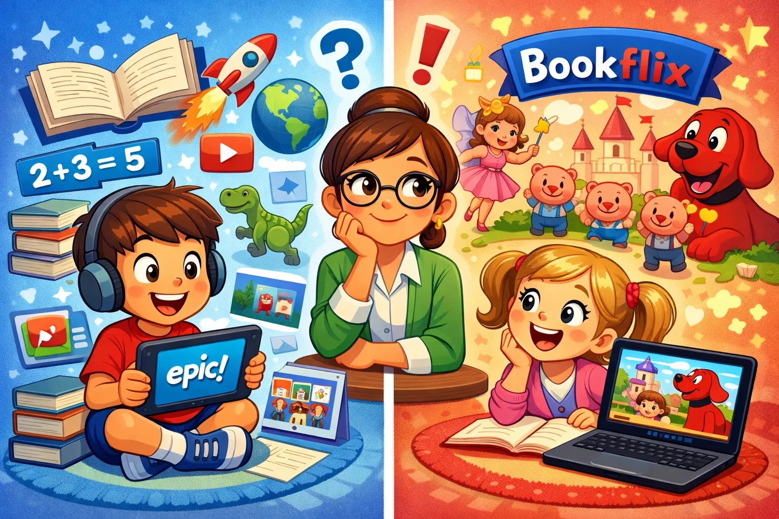 Overview of Epic and Bookflix with kids engaging with both apps in a fun cartoon setting.