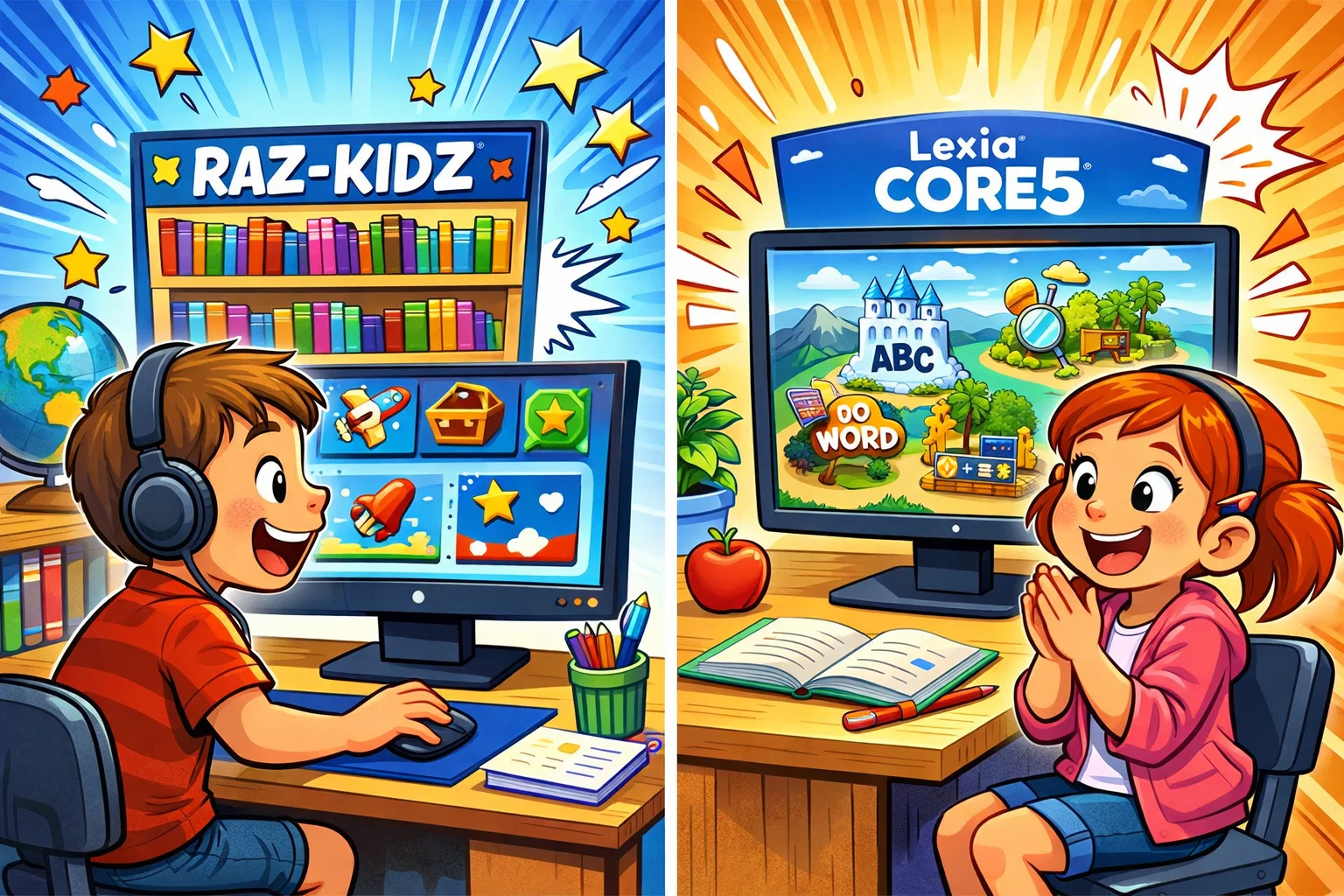 Overview of Raz-Kids and Lexia Core5 with kids using the apps in a fun learning environment.
