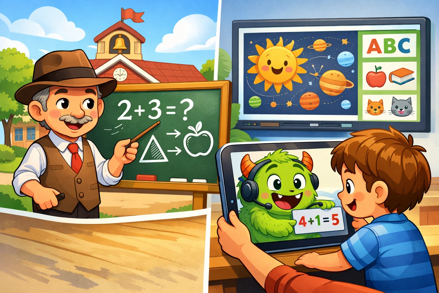 Teacher and cartoon monster explaining Reading Eggs and Nessy apps to children in a fun classroom setting.

