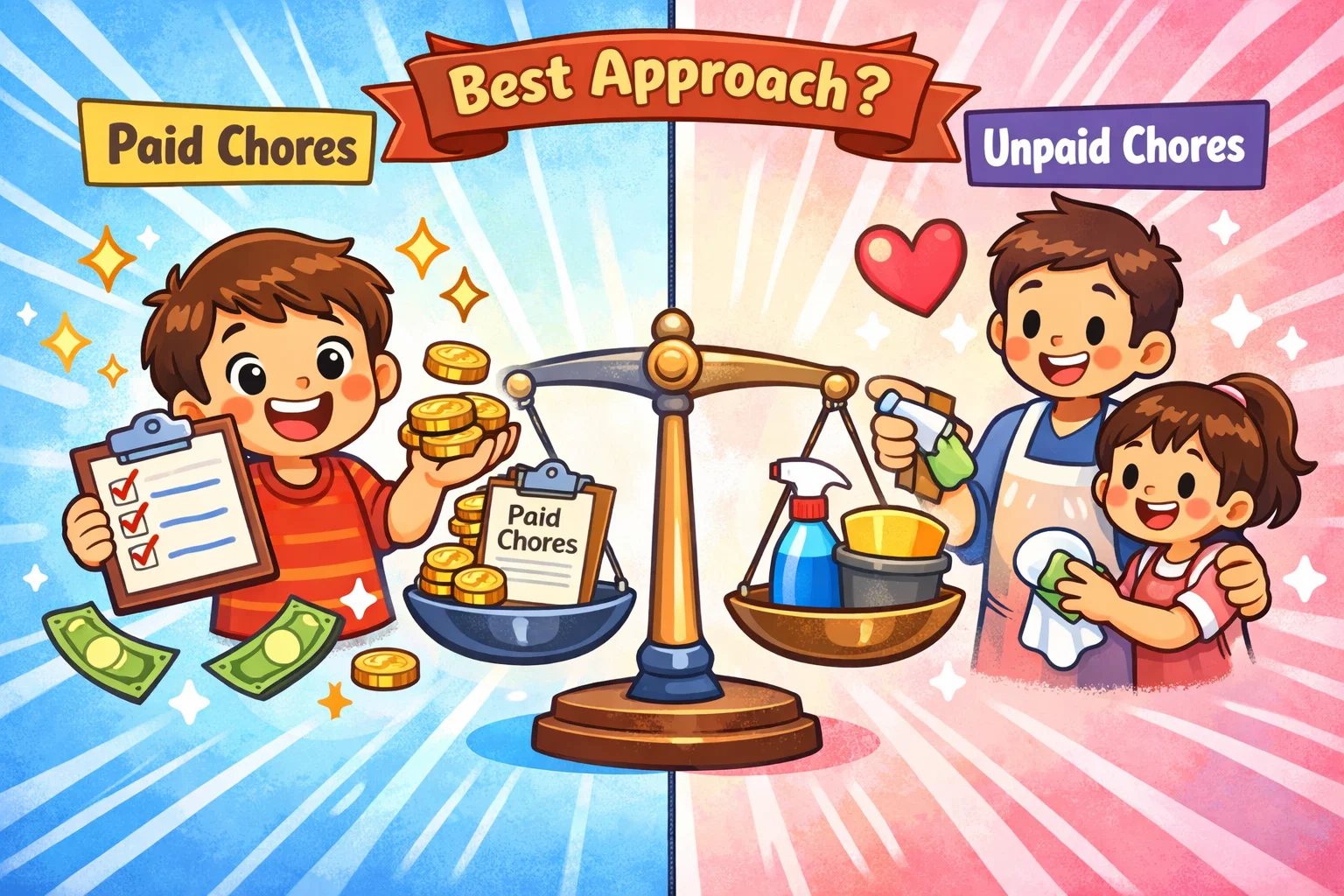 Paid chores vs unpaid chores comparison showing kids earning money and helping at home.