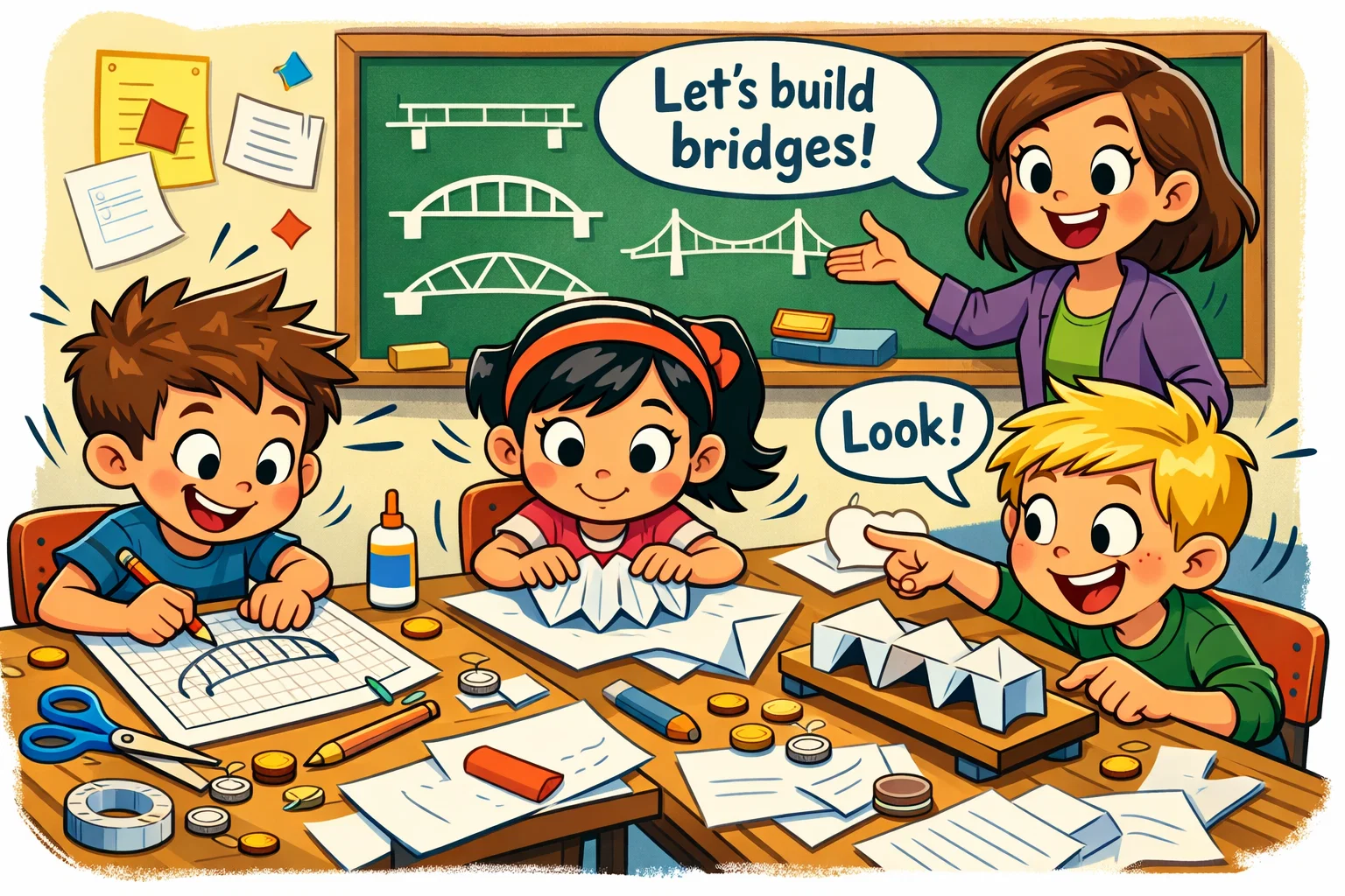 Paper bridge challenge overview for kids using paper and coins in STEM activity.
