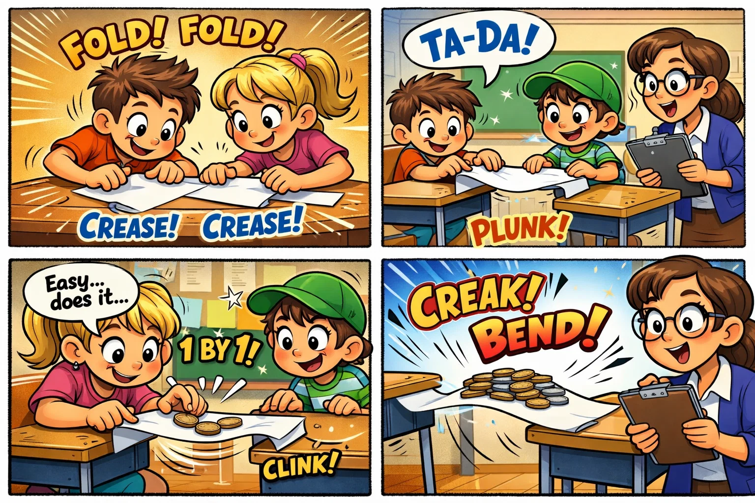 Paper bridge challenge step by step with kids folding paper and adding coins.