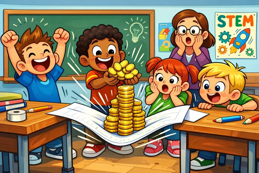 Kids testing a paper bridge coin load test during a STEM challenge.