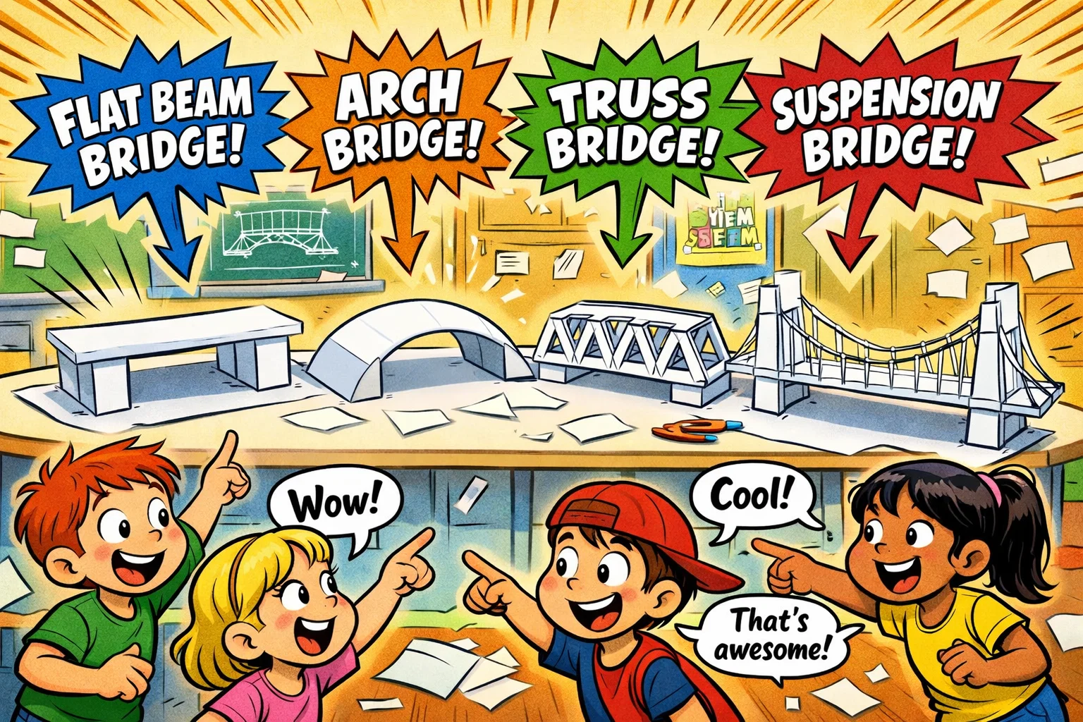 Paper bridge types for kids showing beam arch truss and suspension designs.