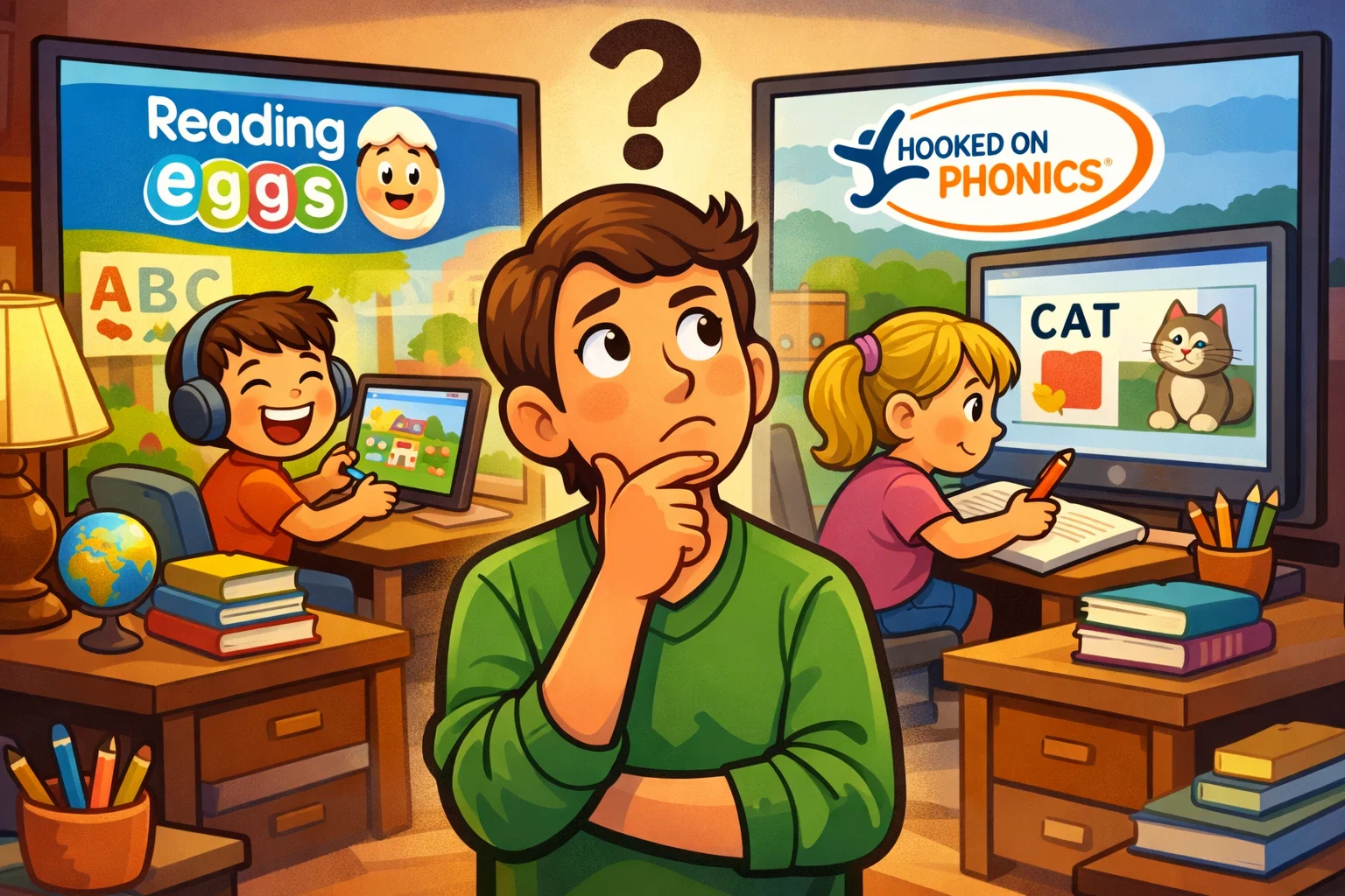 Parent comparing Reading Eggs and Hooked on Phonics with kids engaged in both programs.

