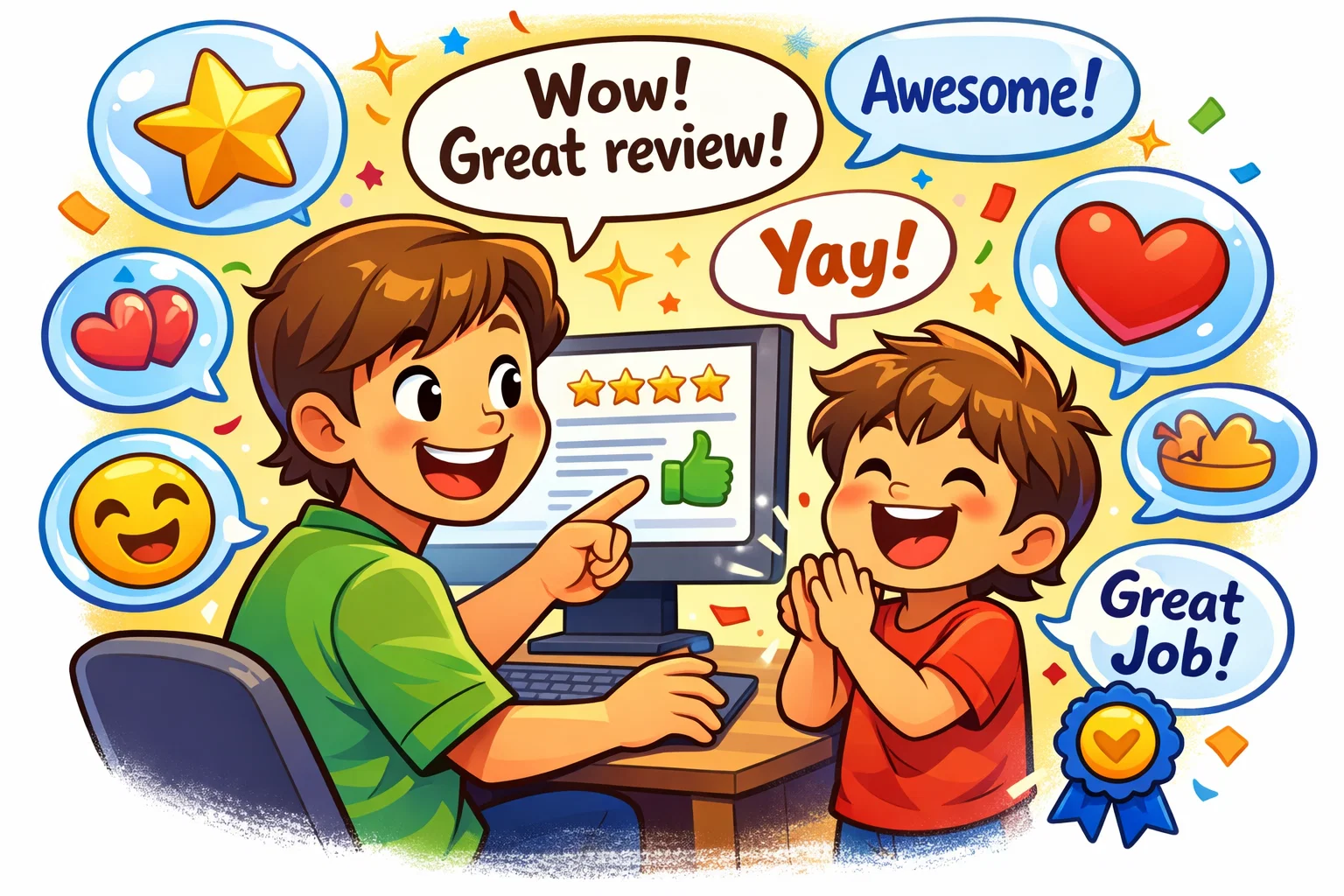  Cartoon of parent and child giving positive feedback on ReadingIQ, with 5-star reviews and reactions.
