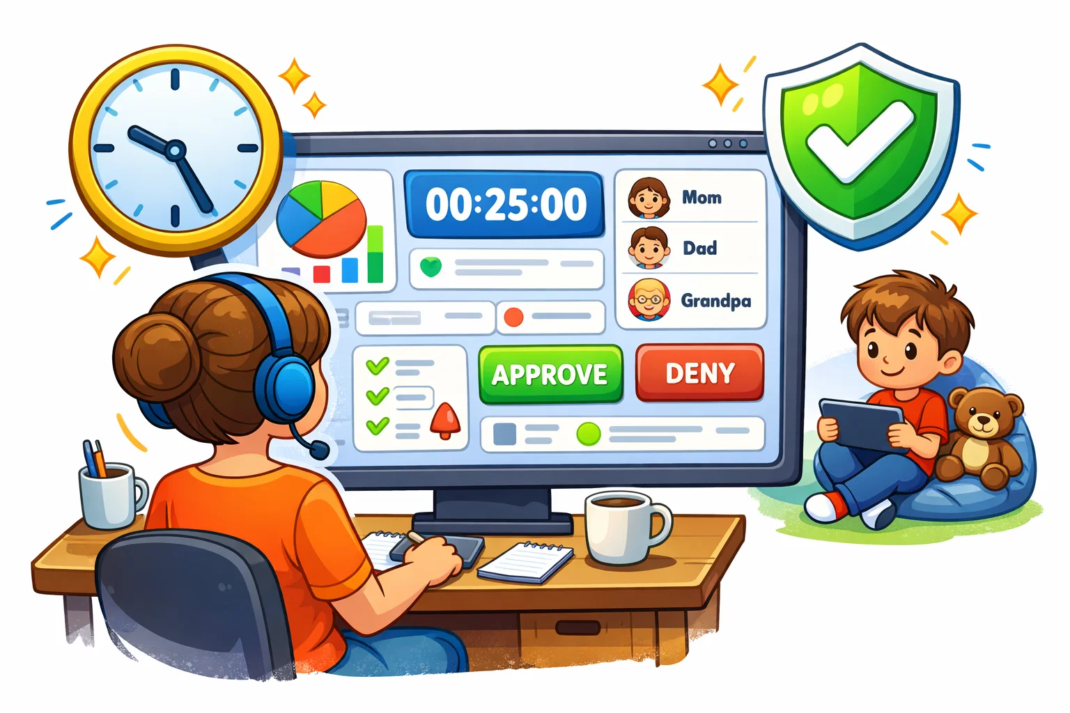 Parental controls monitoring tools dashboard for kids messaging apps with screen time settings.