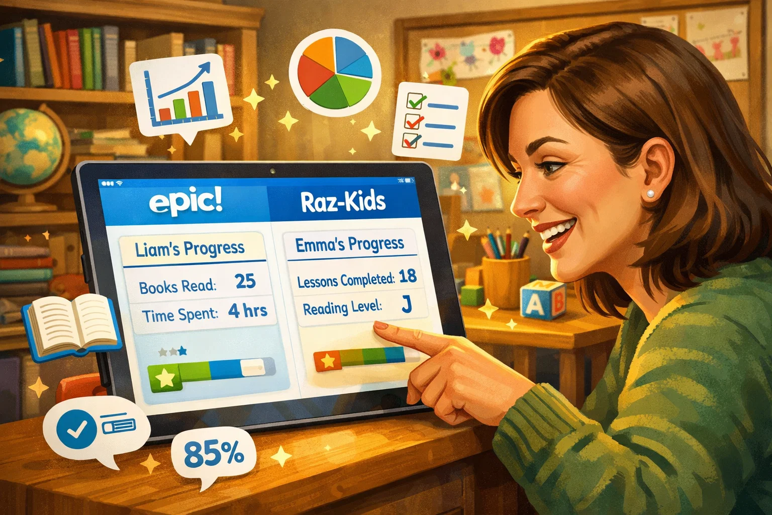 Parental controls and progress tracking for Epic and Raz-Kids apps, showing parents monitoring reading progress.