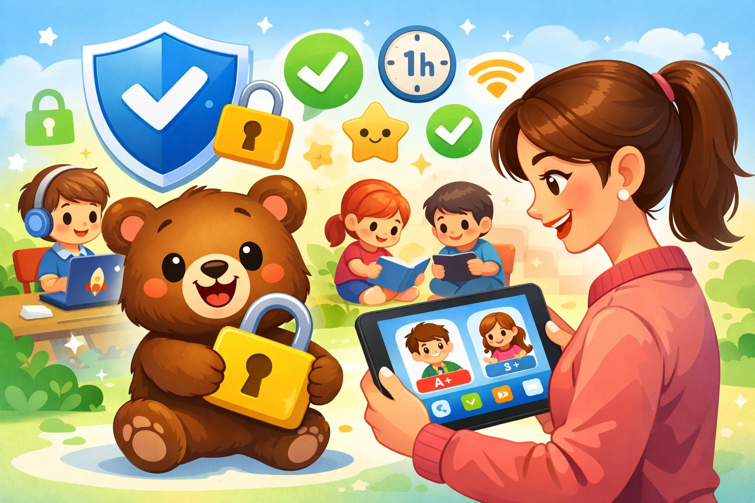Parental controls and safety features with a bear and a mother monitoring learning.
