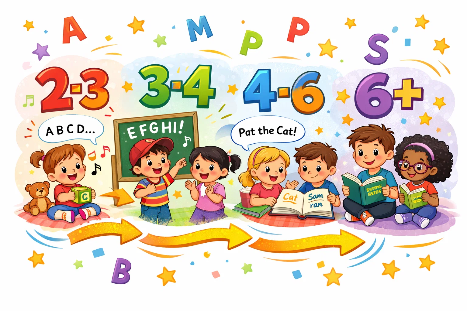 Phonics age ranges timeline showing stages of learning from toddler to reader.
